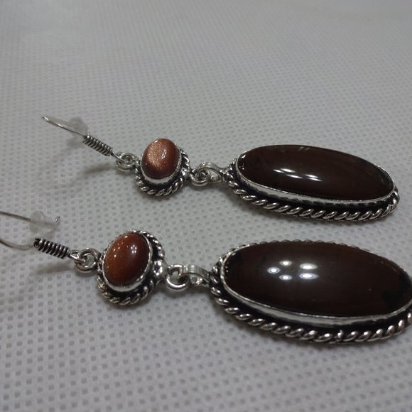 Natural "POPPY JASPER & GOLD SUNSTONE" Handmade Sterling Dangle Earrings #701A - Picture 1 of 3